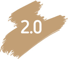 White text '2.0' on a beige brushstroke background with an abstract paint splash design.