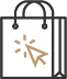 Icon of a shopping bag with a cursor arrow clicking on it, representing online shopping or e-commerce.