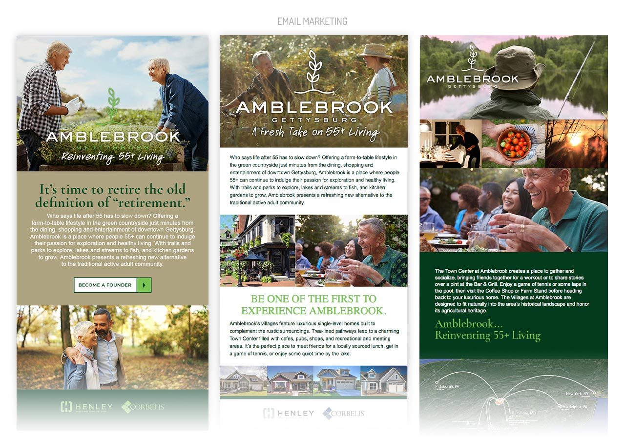 A promotional brochure for Amblebrook, highlighting active senior living with images of happy seniors, social activities, and community amenities.