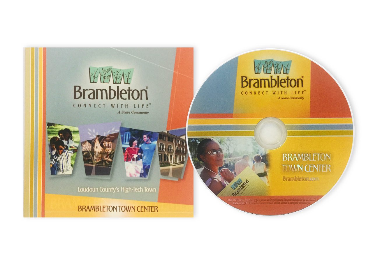 Two promotional items for Brambleton, including a brochure and a round coaster, featuring community images and contact information.