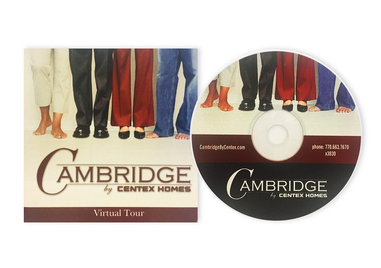 A Cambridge by Carrot House virtual tour brochure and CD with images of shoes and pants on the cover.