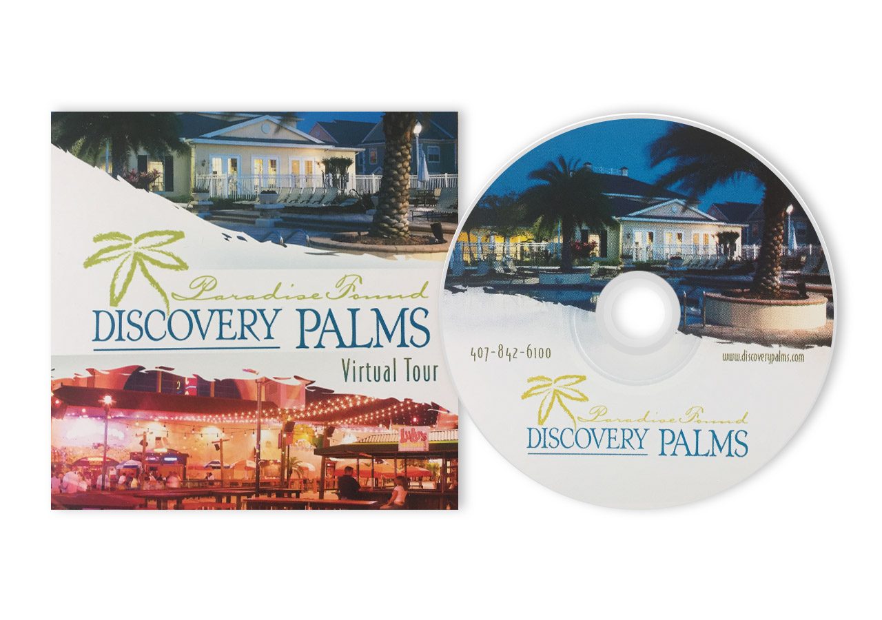 Discovery Palms Resort logo and promotional material featuring a nighttime resort image and the resort's name in blue and gold.