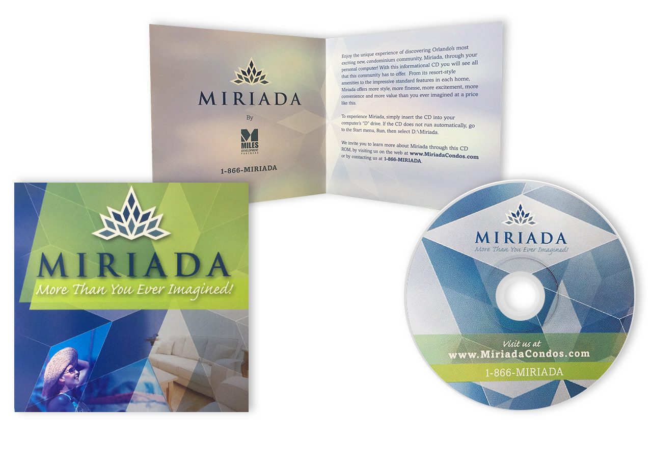 A promotional brochure and CD for Meriada, featuring a green and blue color scheme with text and images.