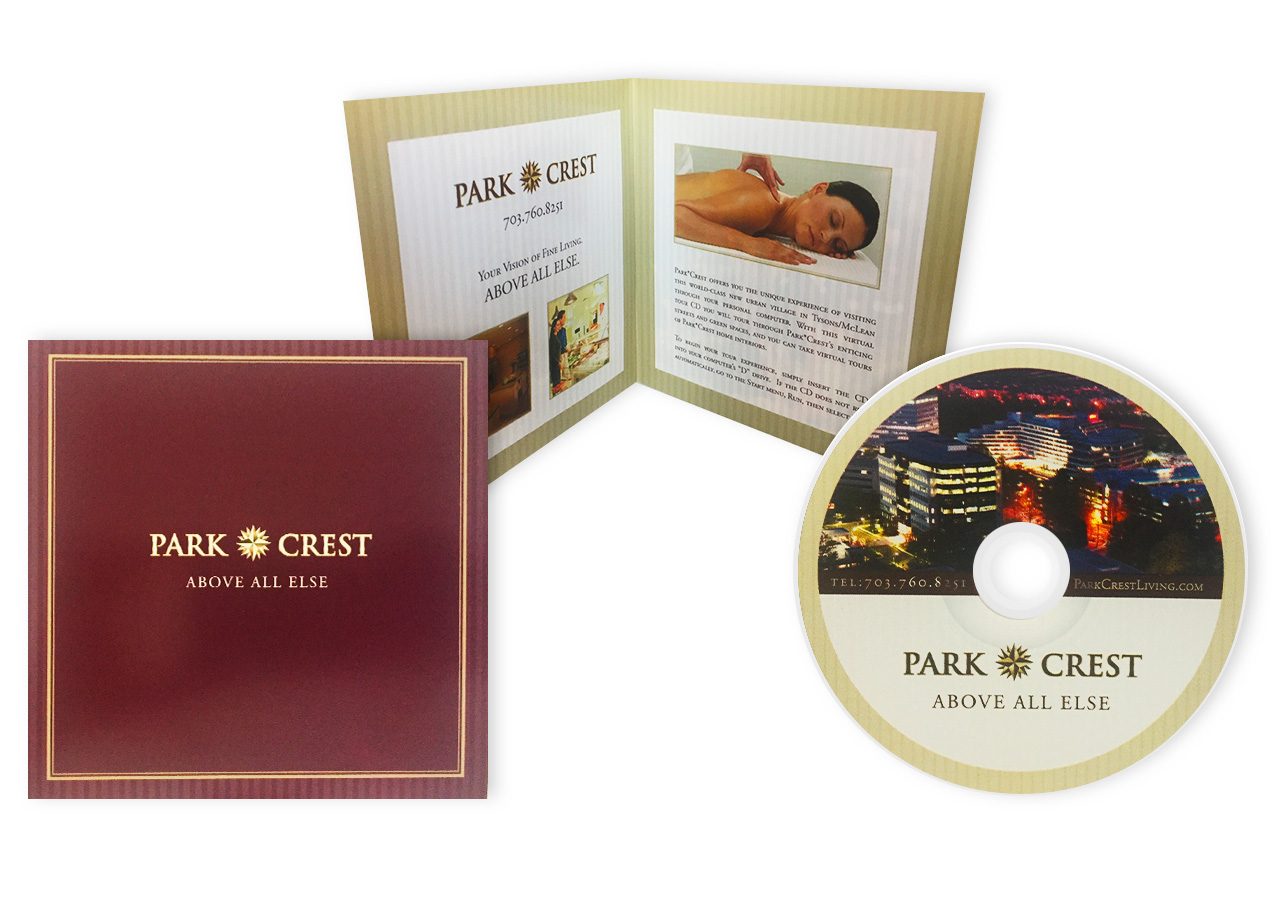 A collection of Park Crest brand promotional materials including a booklet, informational card, and a compact disc.