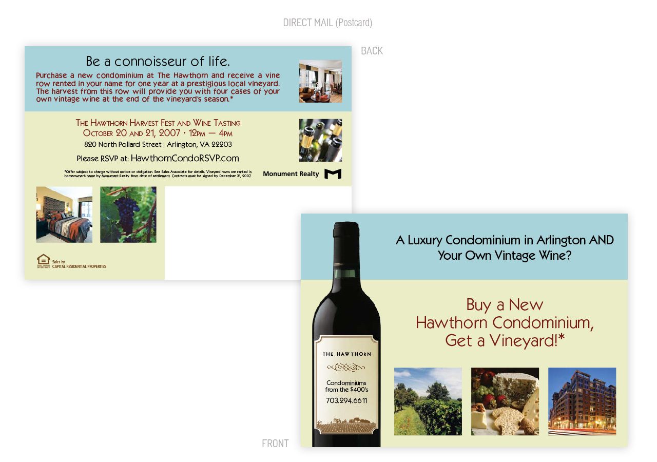 A promotional flyer advertising luxury condominiums and a special offer on Hawthorn Cabernet wine at a vineyard.