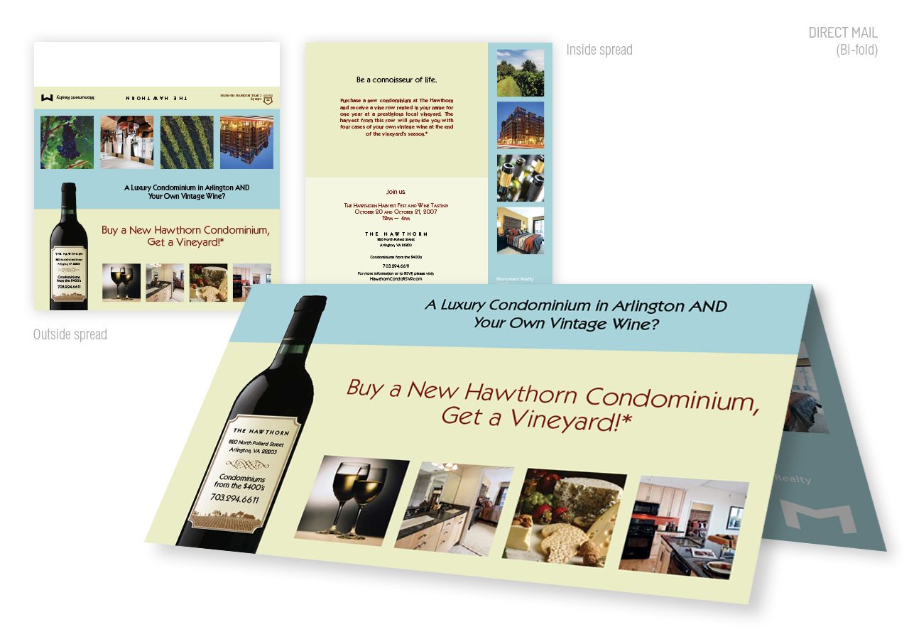 A vintage-style flyer promoting a New Hampshire condominium getaway with images of wine, food, and scenic views.