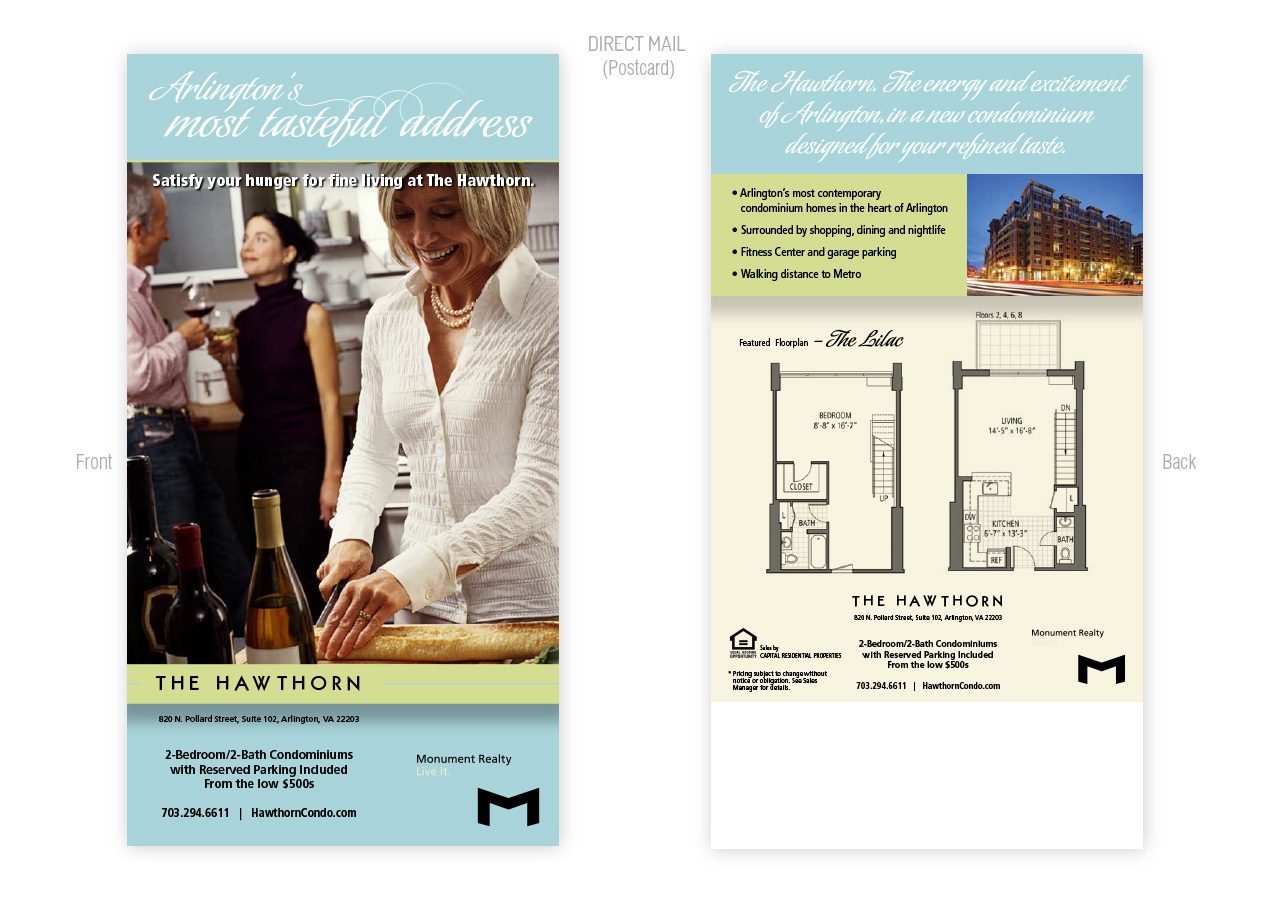Two-page brochure showing elegant dining and floor plans of the new Huntmore over 55 community apartments.