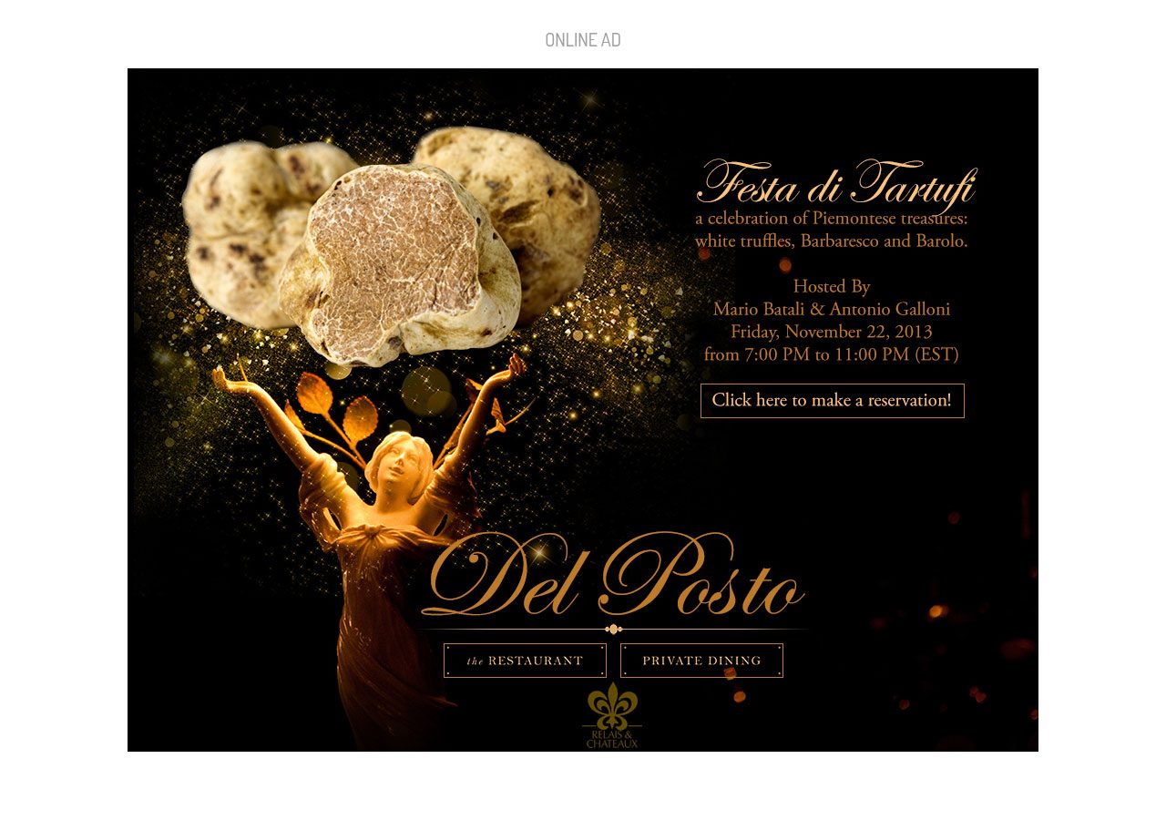 Elegant promotional poster featuring a white truffle and golden powder splash for Del Posto's Truffle Festival event.