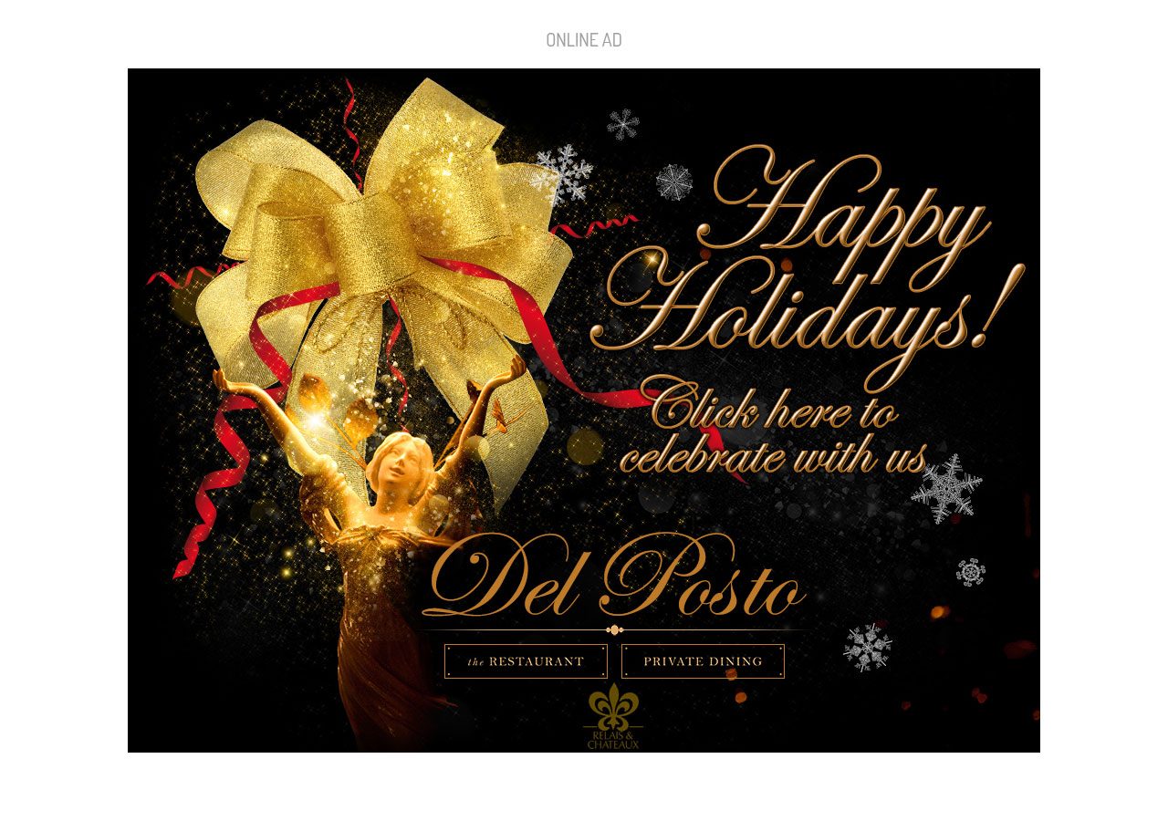 Festive holiday greeting with golden bells, ribbon, and snowflakes, inviting celebration with Del Posto.