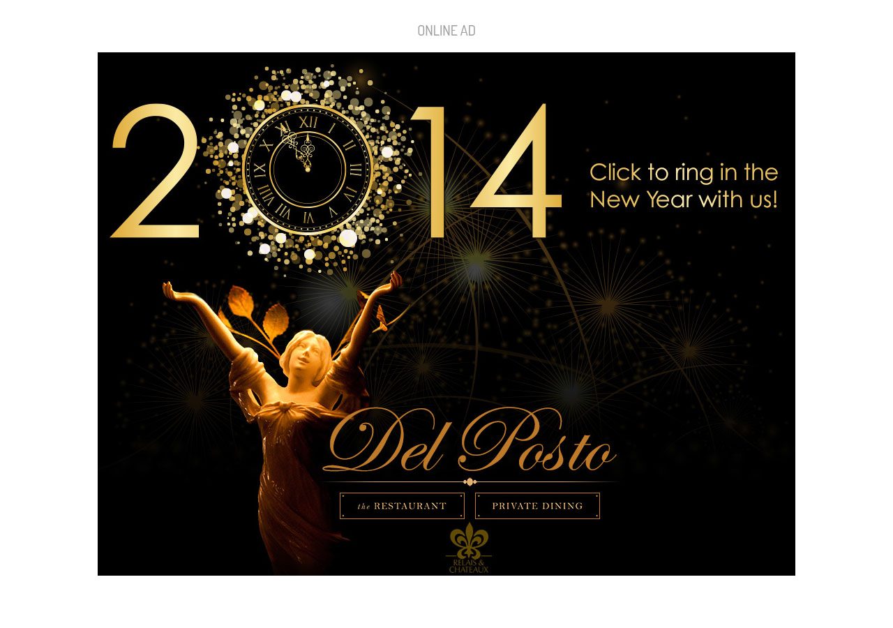 A New Year's celebration poster for 2014 with golden fireworks, a clock, and a dancing woman, promoting an event at Del Posto.