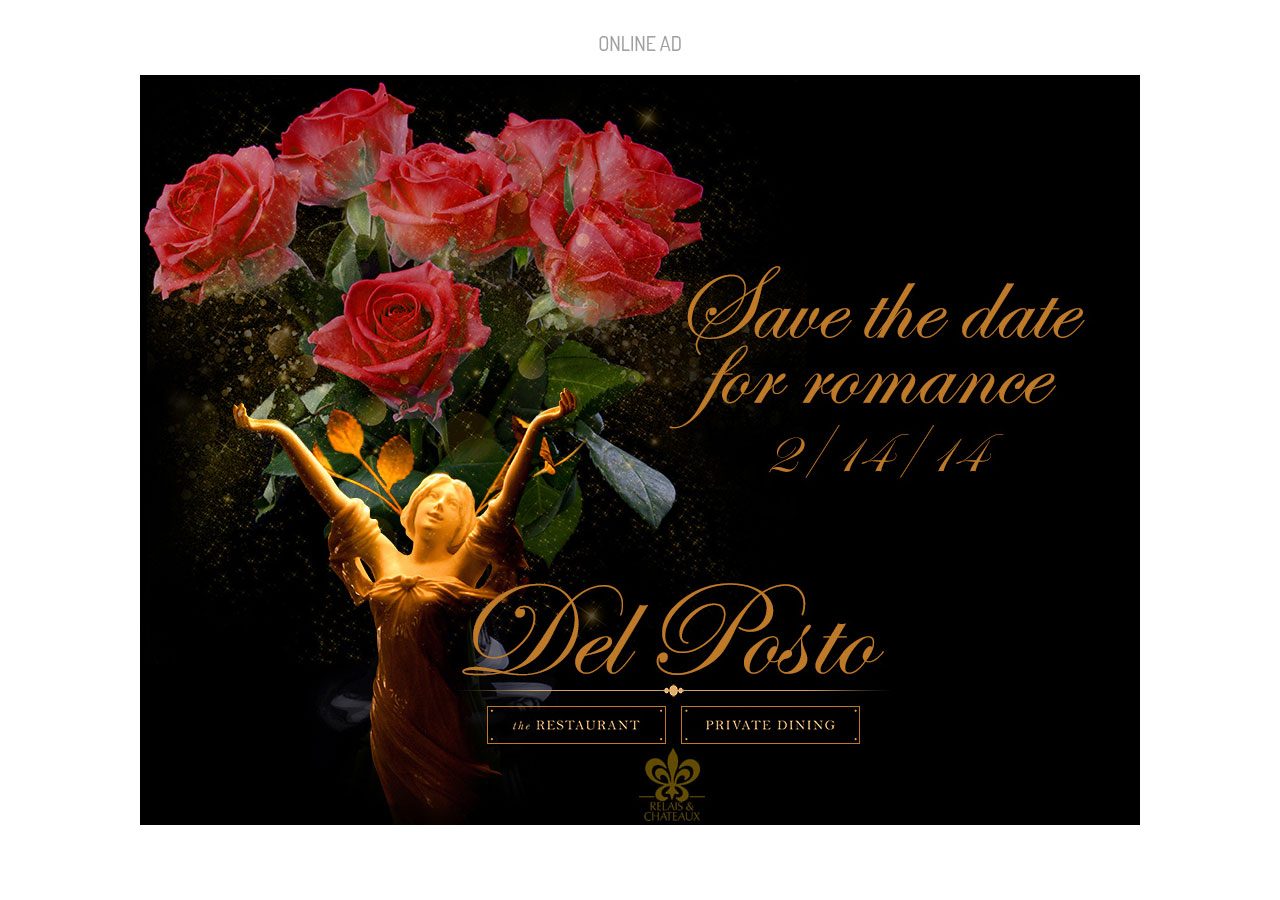 Elegant advertisement for Del Posto featuring red roses, a wine bottle, and a romantic date invitation.