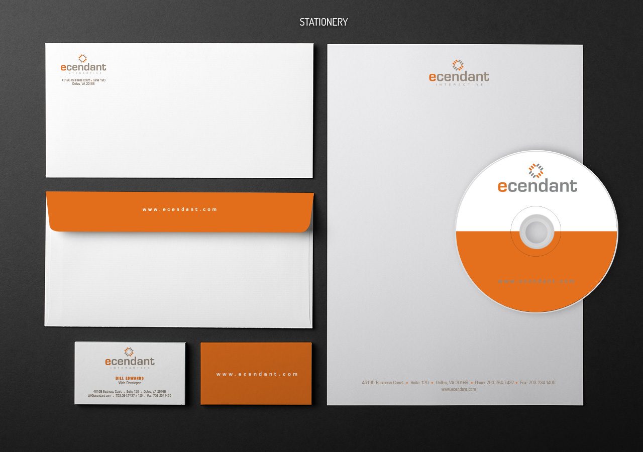 Elegant stationery set with white and orange color scheme, featuring envelopes, business cards, and letterheads for branding.