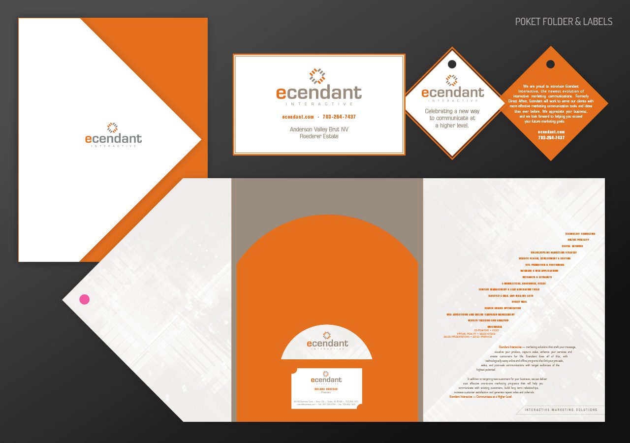 A branding identity set featuring orange, white, and gray colors with business cards, envelopes, and letterhead designs.