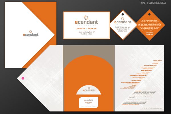 A branding identity set featuring orange, white, and gray colors with business cards, envelopes, and letterhead designs.