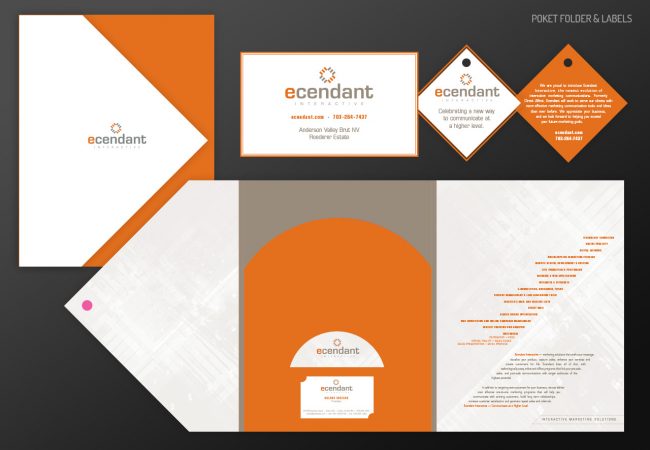 A branding identity set featuring orange, white, and gray colors with business cards, envelopes, and letterhead designs.