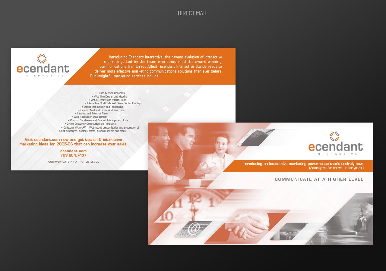 A professional business card design featuring orange accents, company logo, and contact details with a modern, clean layout.