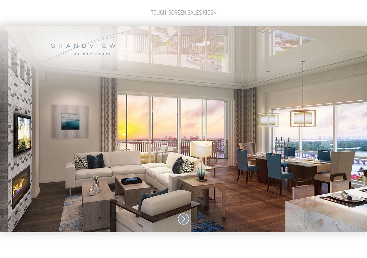 Modern living room with large windows, cozy seating, and a dining area, illuminated by natural sunset light.