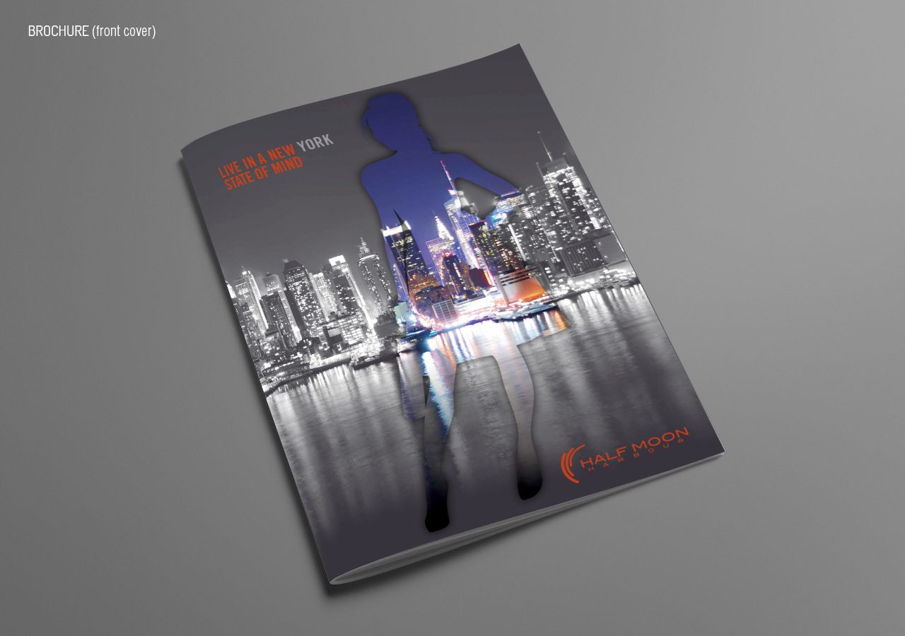 A sleek brochure cover featuring a silhouette of a person against a glowing city skyline at night.