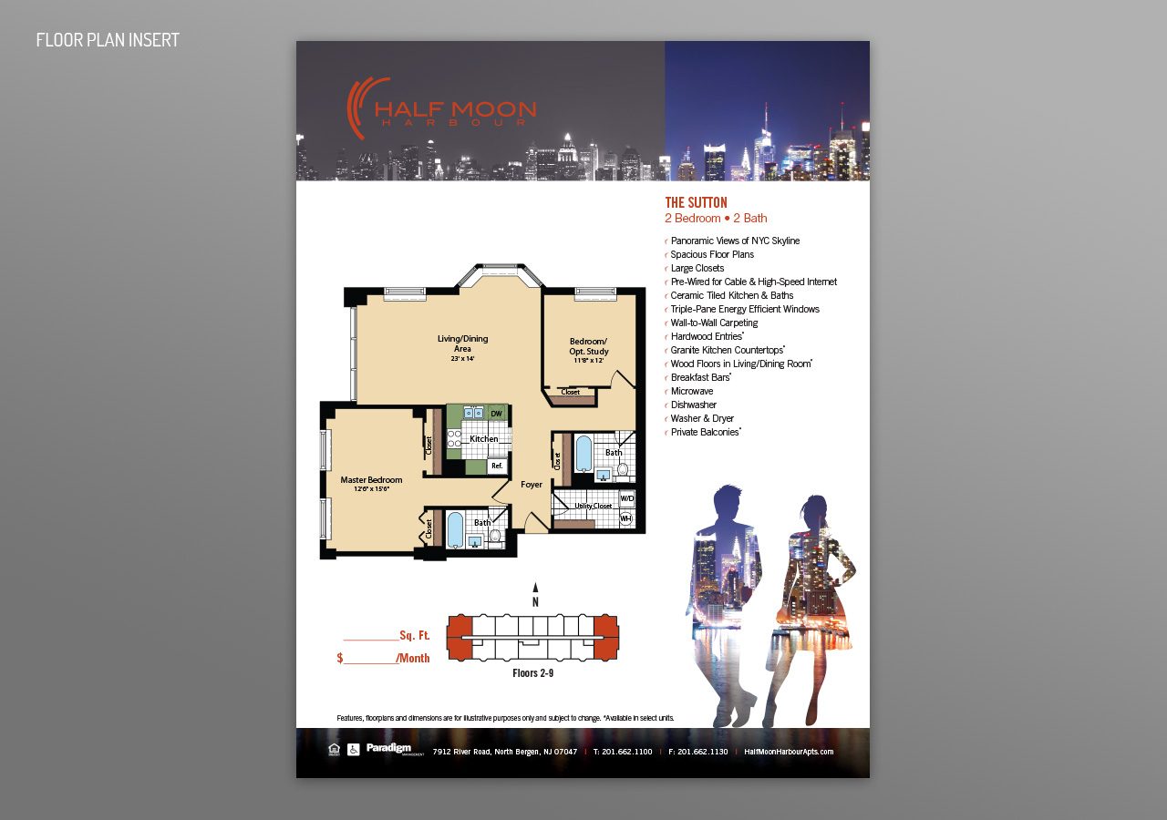 A real estate flyer displaying a two-bedroom apartment floor plan with features and a city skyline at night.