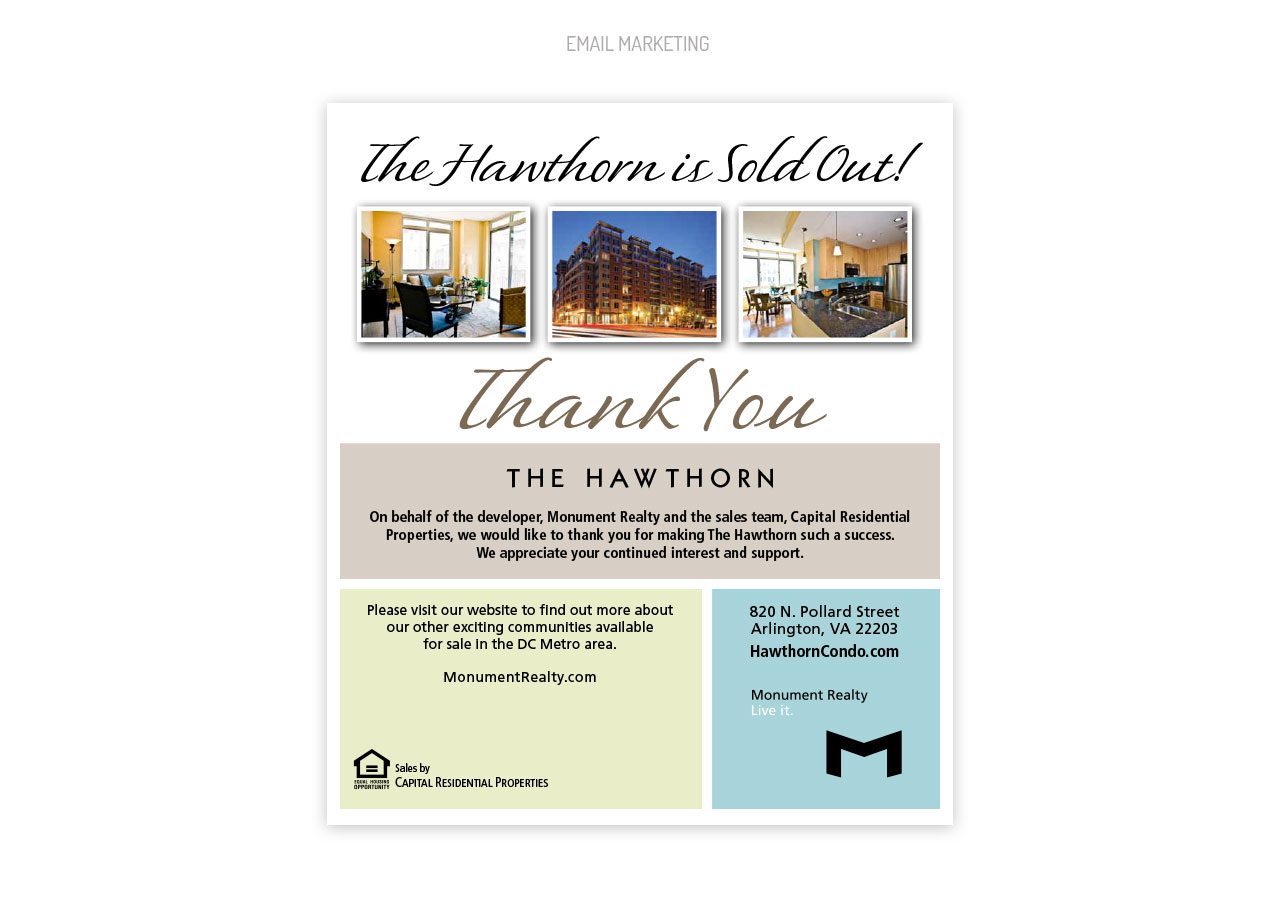 Announcement poster thanking customers for the sold-out Hawthorne event with photos of the venue and contact information.