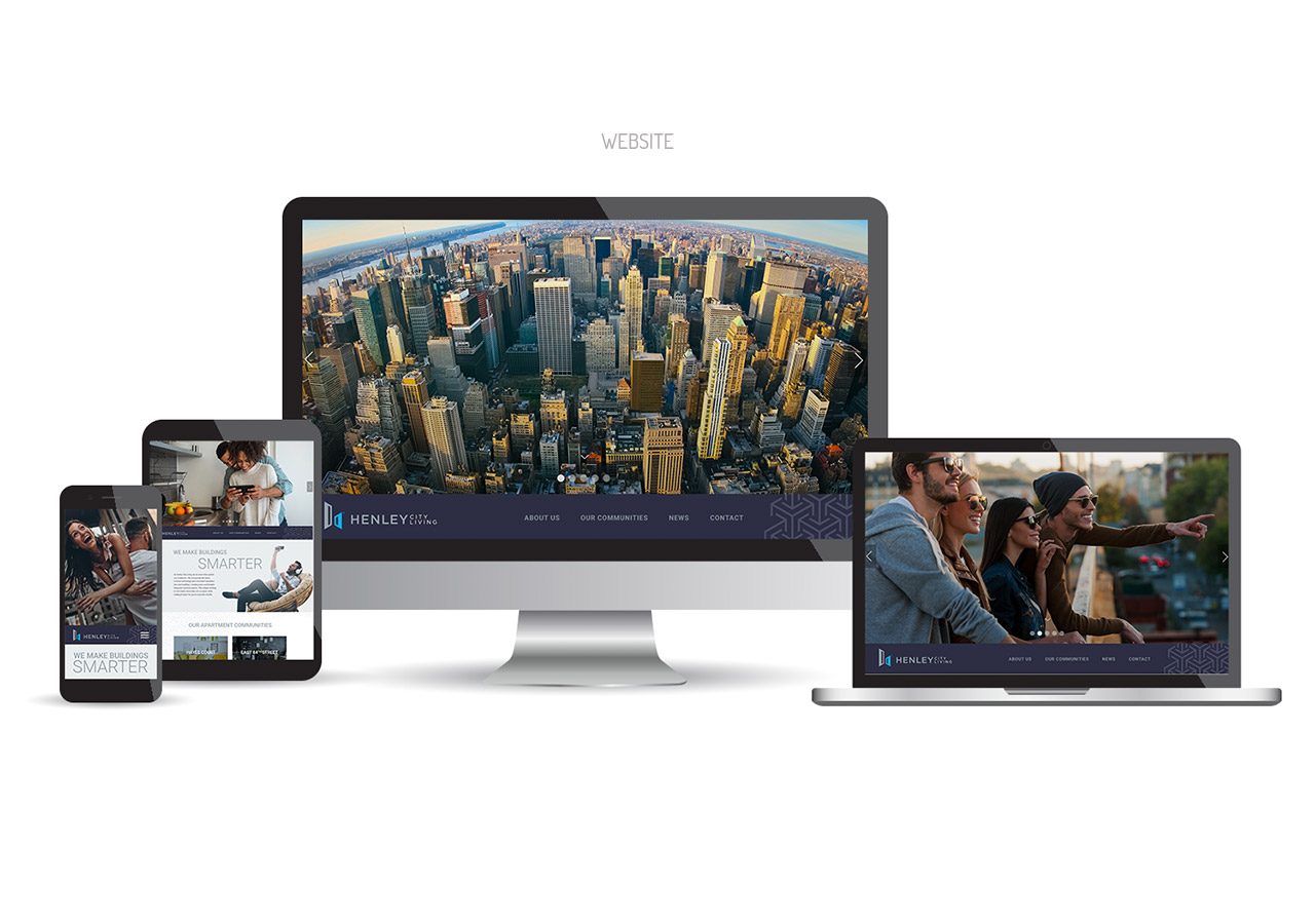 Multiple devices including a desktop, laptop, and tablet showing streaming video content with cityscape and people scenes.