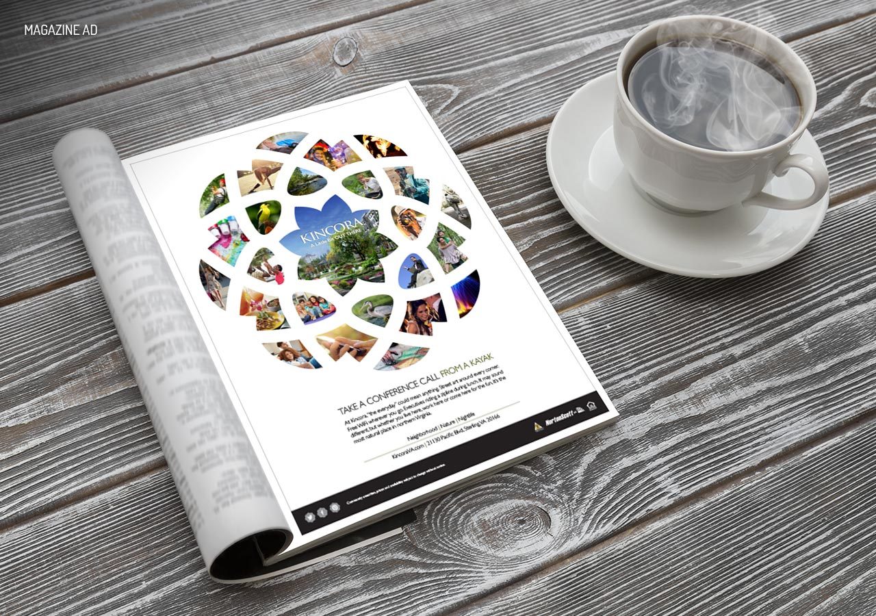 Magazine open to a colorful travel-themed page beside a coffee cup on a rustic wooden table.