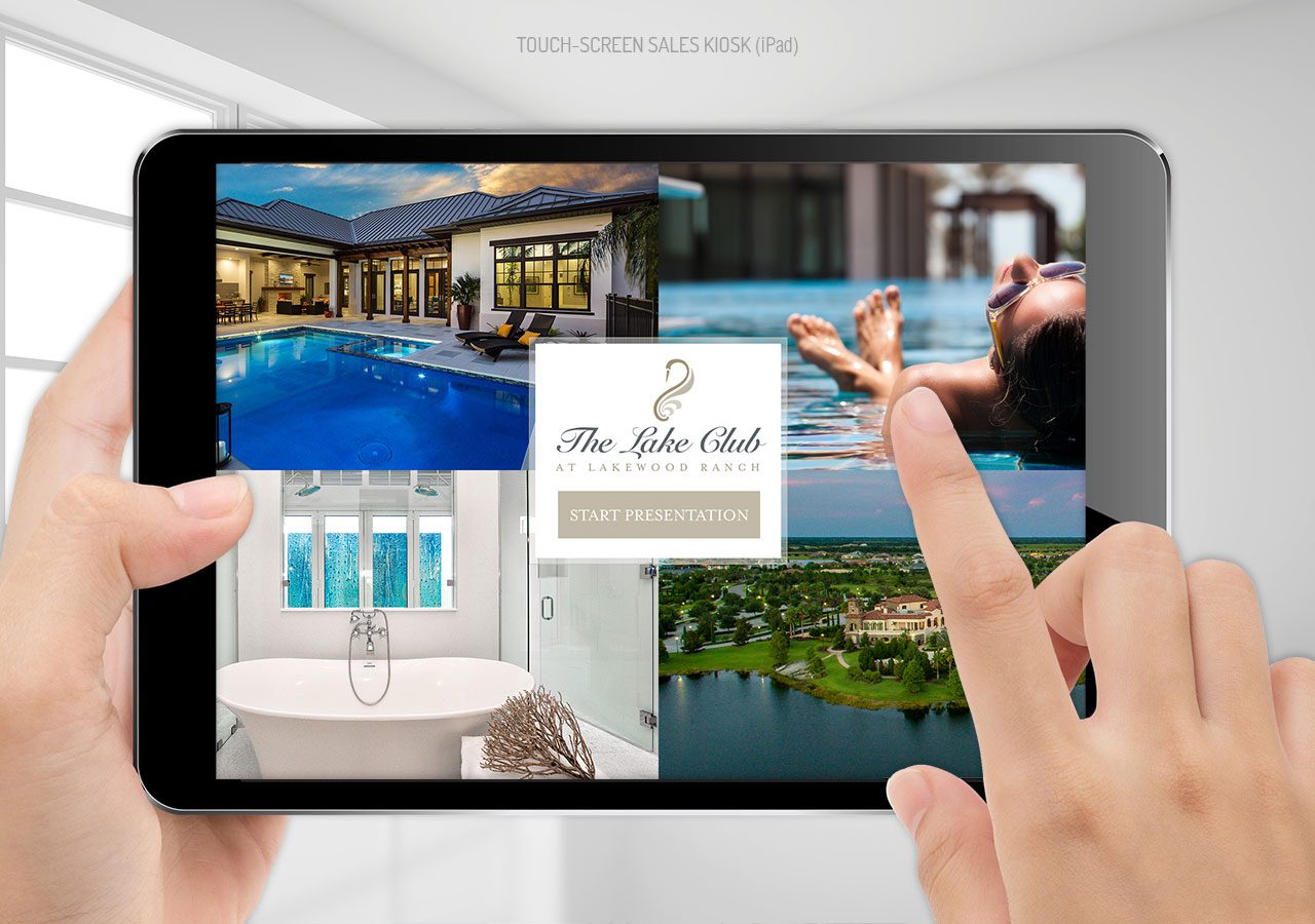 A person using a tablet to browse a luxury villa rental website with images of a pool, living room, and outdoor scenery.
