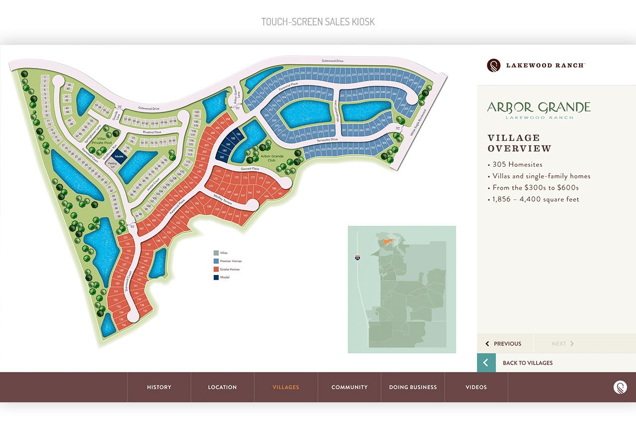 A detailed map of a residential community layout with color-coded zones and a key for amenities and lot types.