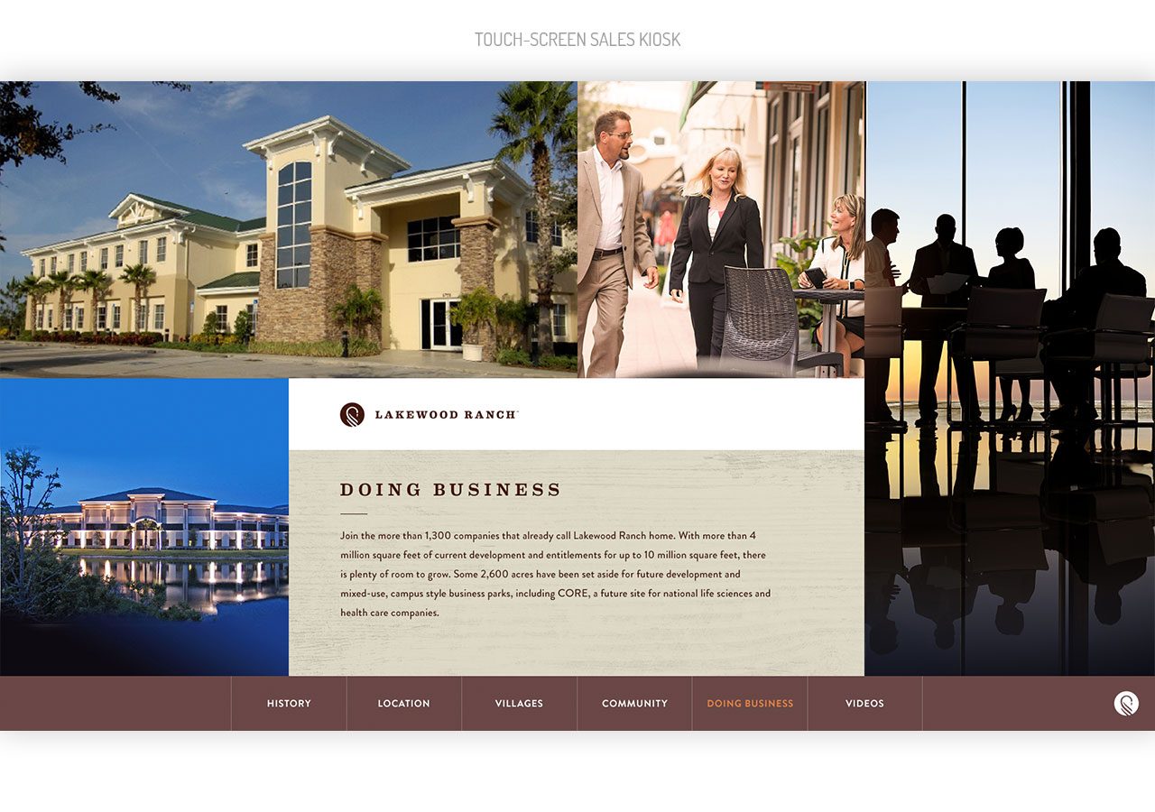 A professional website homepage featuring businesspeople, modern architecture, and navigation links for services and company info.