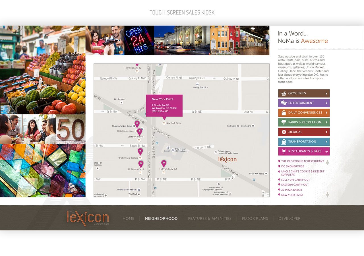 A map highlighting multiple locations on 6th Street with a sidebar listing nearby attractions and food options.
