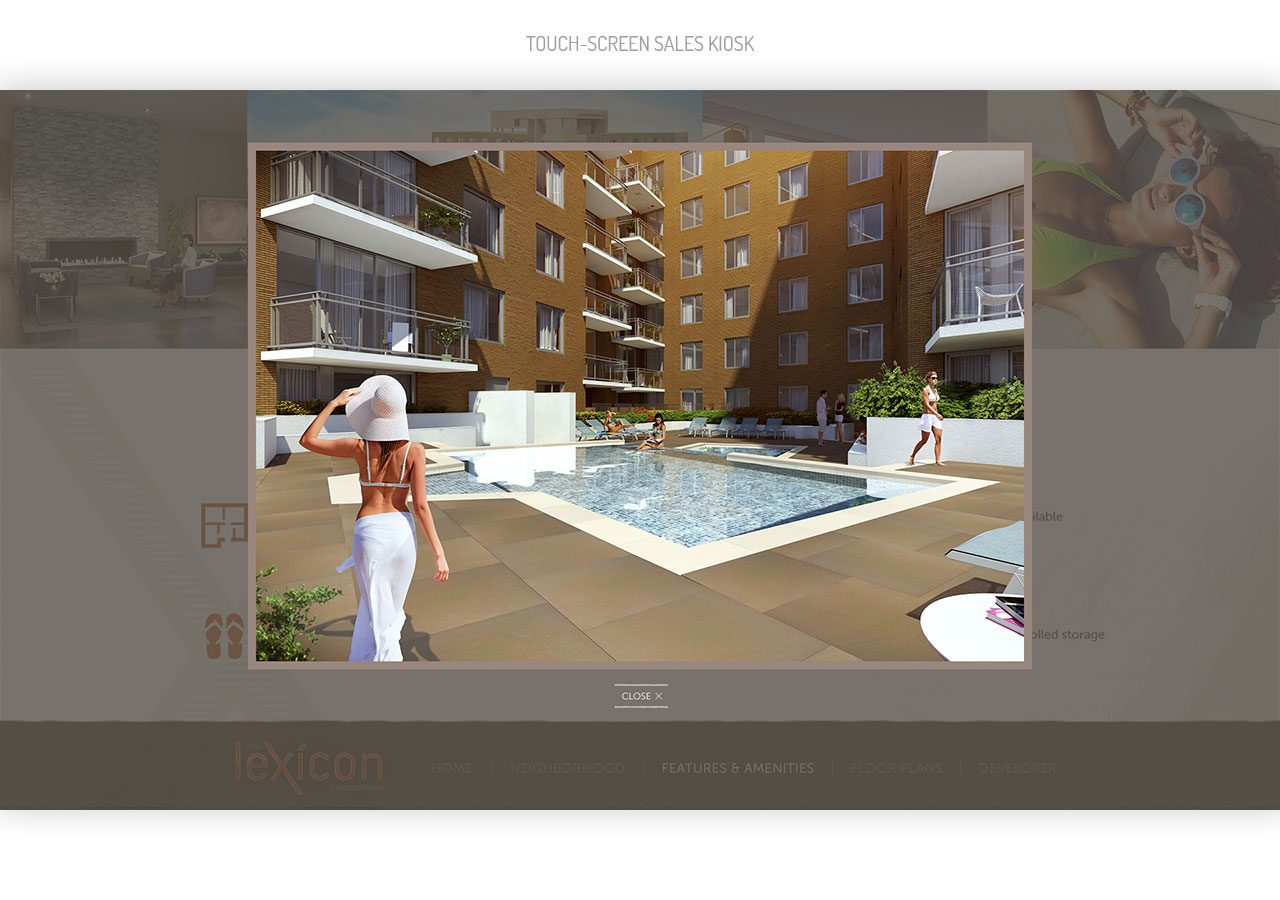 Modern apartment complex with a central swimming pool, surrounded by balconies and people enjoying the outdoor area.