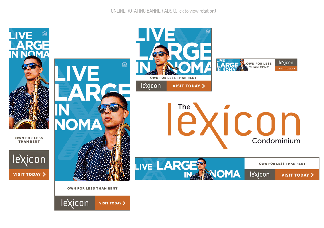 A promotional image featuring a woman with glasses and earrings, showcasing text about 'Live Large in NOMA' and 'The Lexicon' branding.