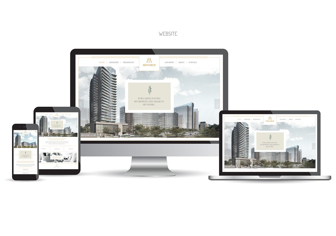 Responsive website design displayed on desktop, tablet, and smartphone screens featuring a modern building and urban landscape.
