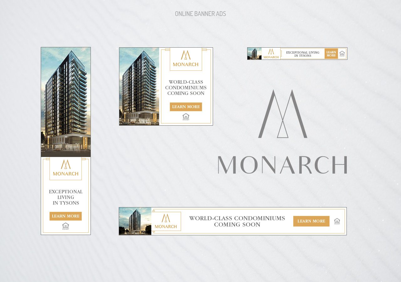 Modern real estate advertisement for Monarch, featuring a tall building and contact information for sales inquiries.