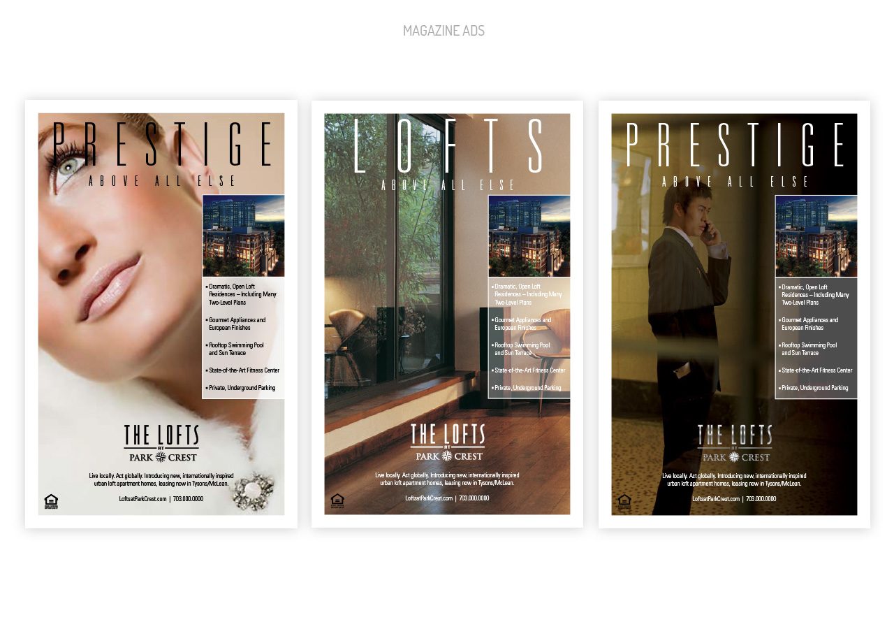 A set of three promotional posters featuring a close-up face, a modern interior, and a man in a suit, each with text overlays.