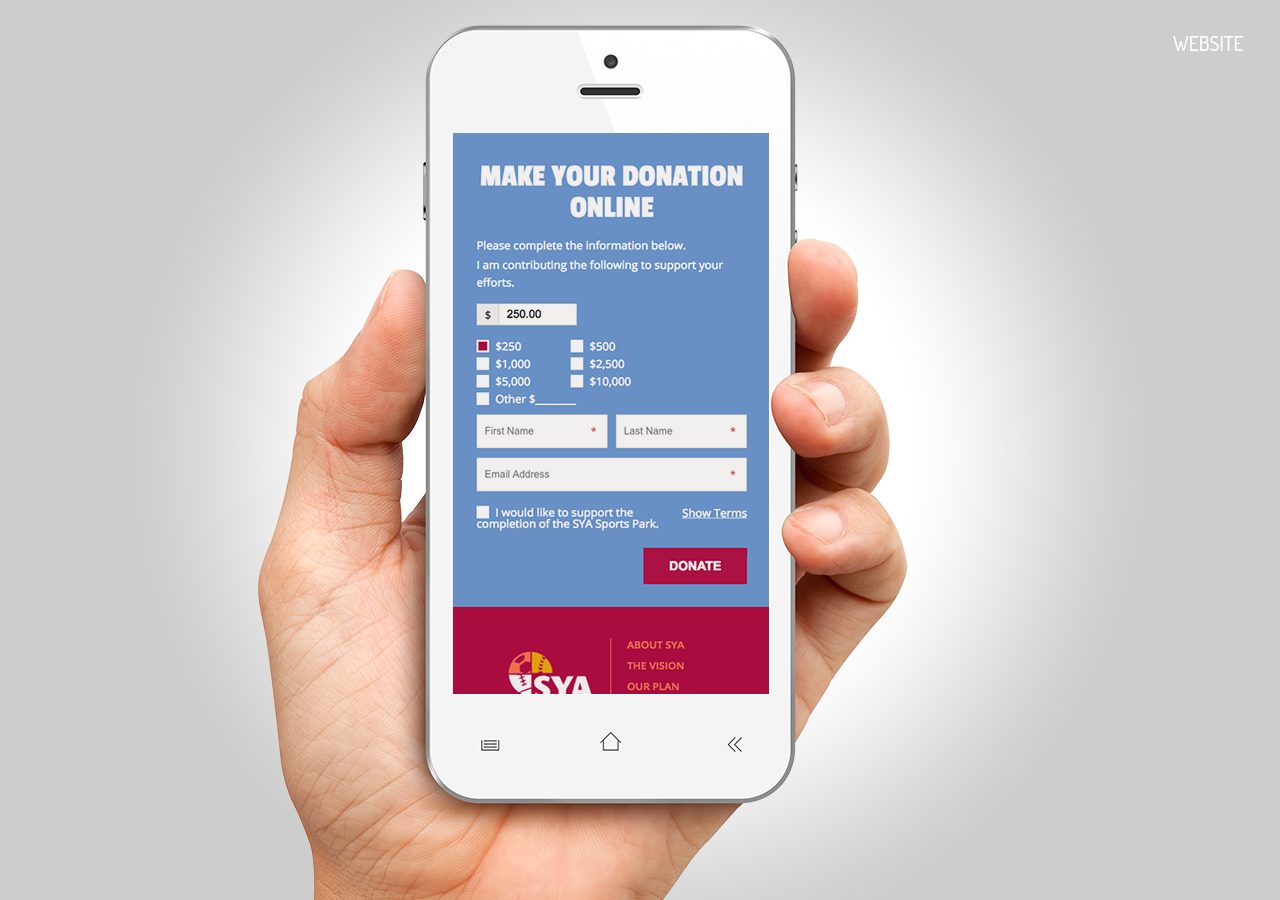 A person holding a smartphone displaying a donation form to make a donation online with options for amount and payment method.