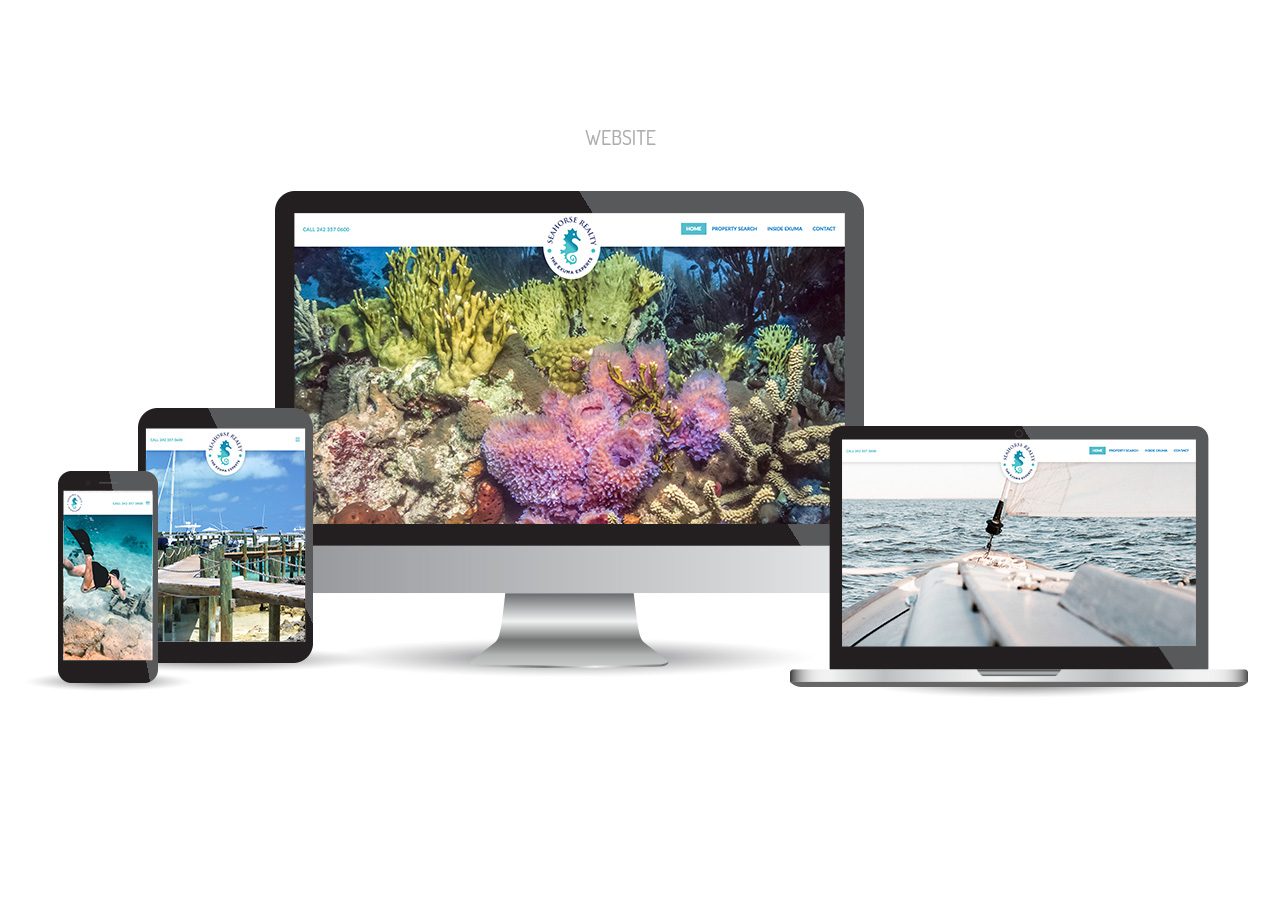 Multiple devices showing a colorful underwater coral reef website, including a desktop, tablet, and laptop.