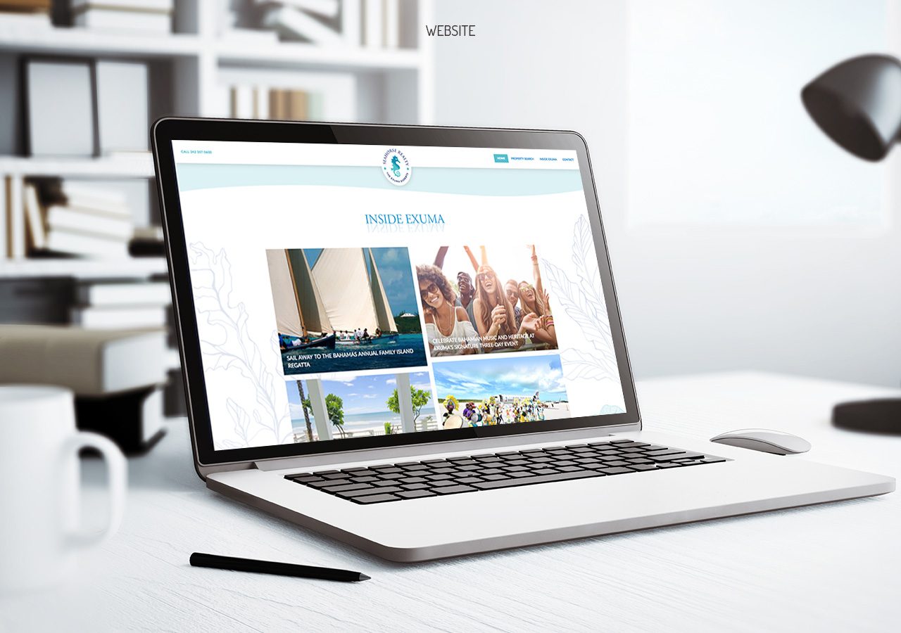 A laptop on a desk displaying a website with images of nature and people celebrating outdoors.