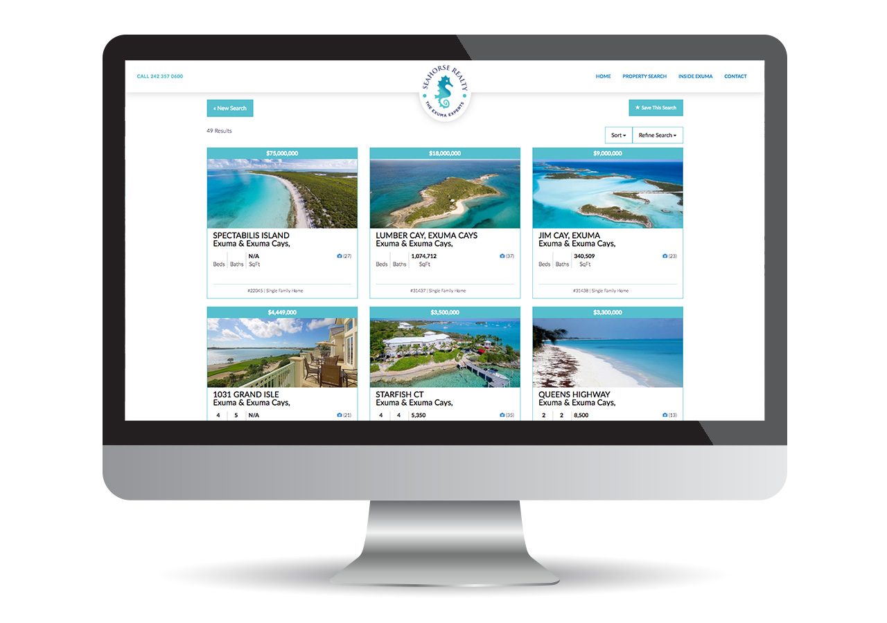 A computer screen displaying a real estate website with various beachfront properties for sale, each featuring images and prices.