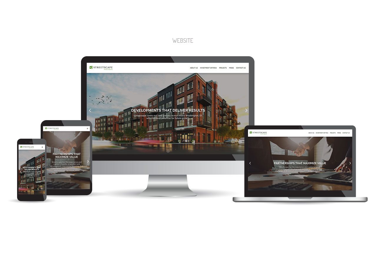 Responsive website design displayed on desktop, laptop, and tablet screens showing a modern apartment building.