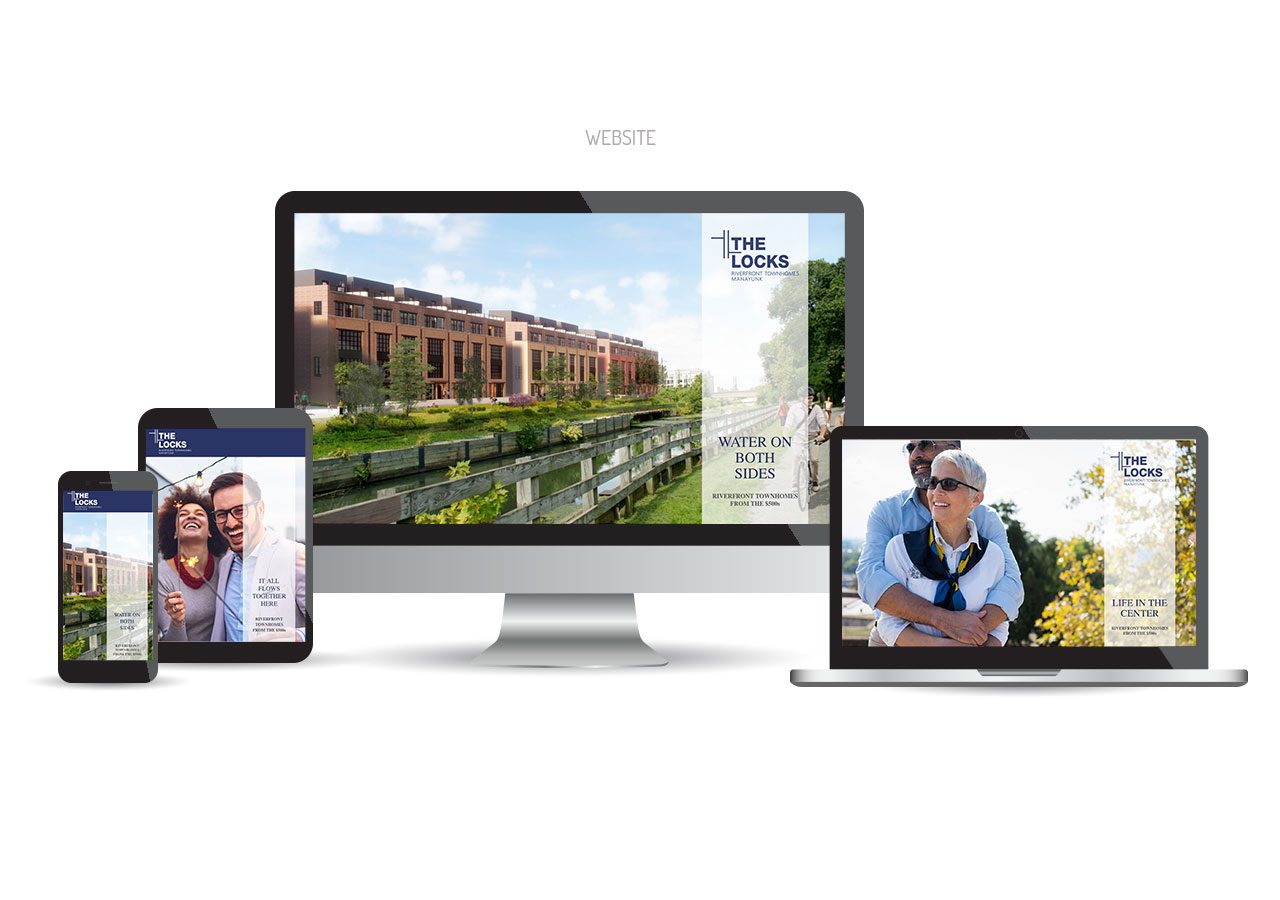 A desktop, laptop, and smartphone displaying a website with images of people and modern buildings, showcasing responsive design.