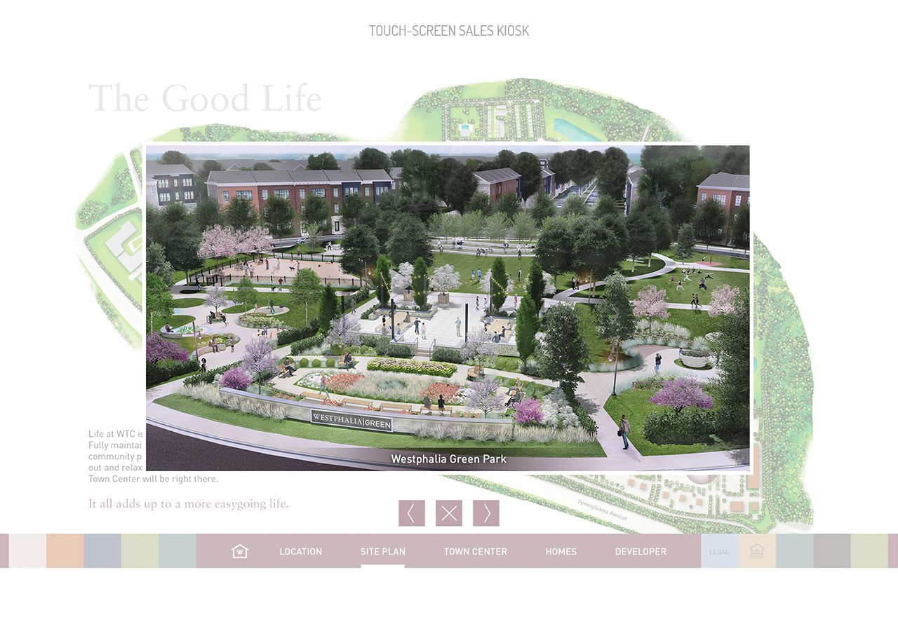 A detailed model of a garden with pathways, trees, and a large green umbrella in the background.