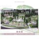 A detailed model of a garden with pathways, trees, and a large green umbrella in the background.
