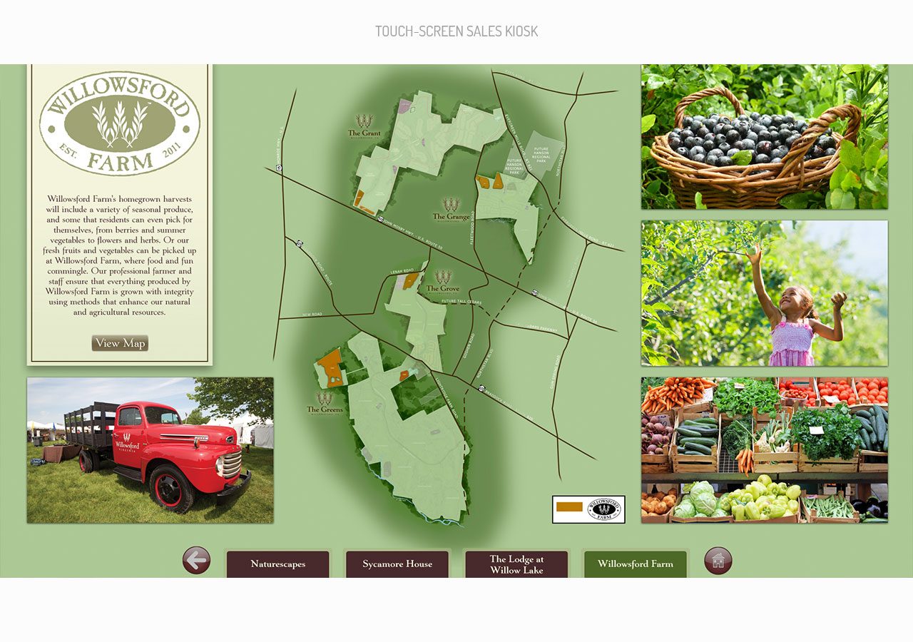 Map and images showing key locations and agricultural produce of a farm, including blueberries, honey, and a red vehicle.
