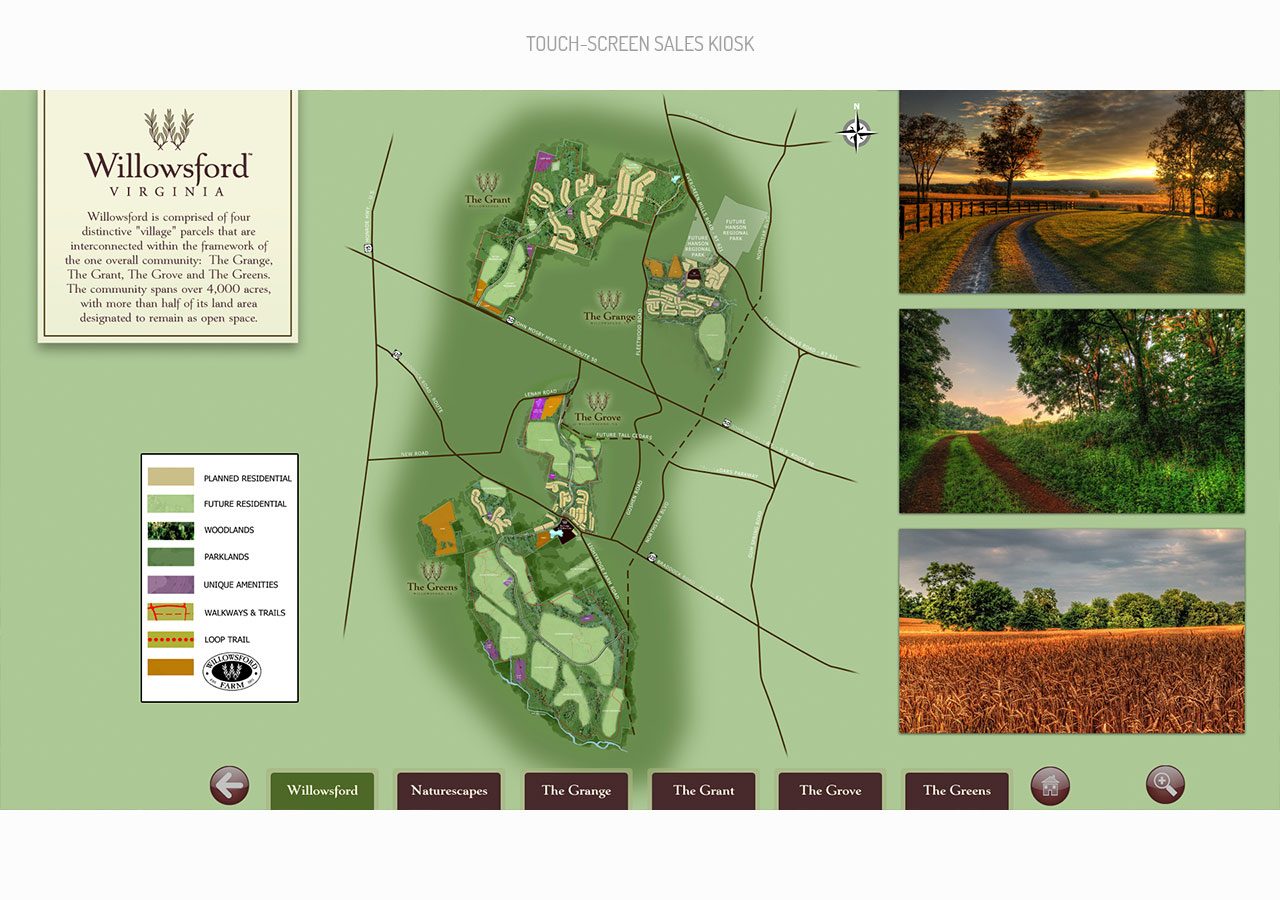 Illustrated map of an orchard with labeled areas for different plants and a small photo gallery of the orchard's scenery.