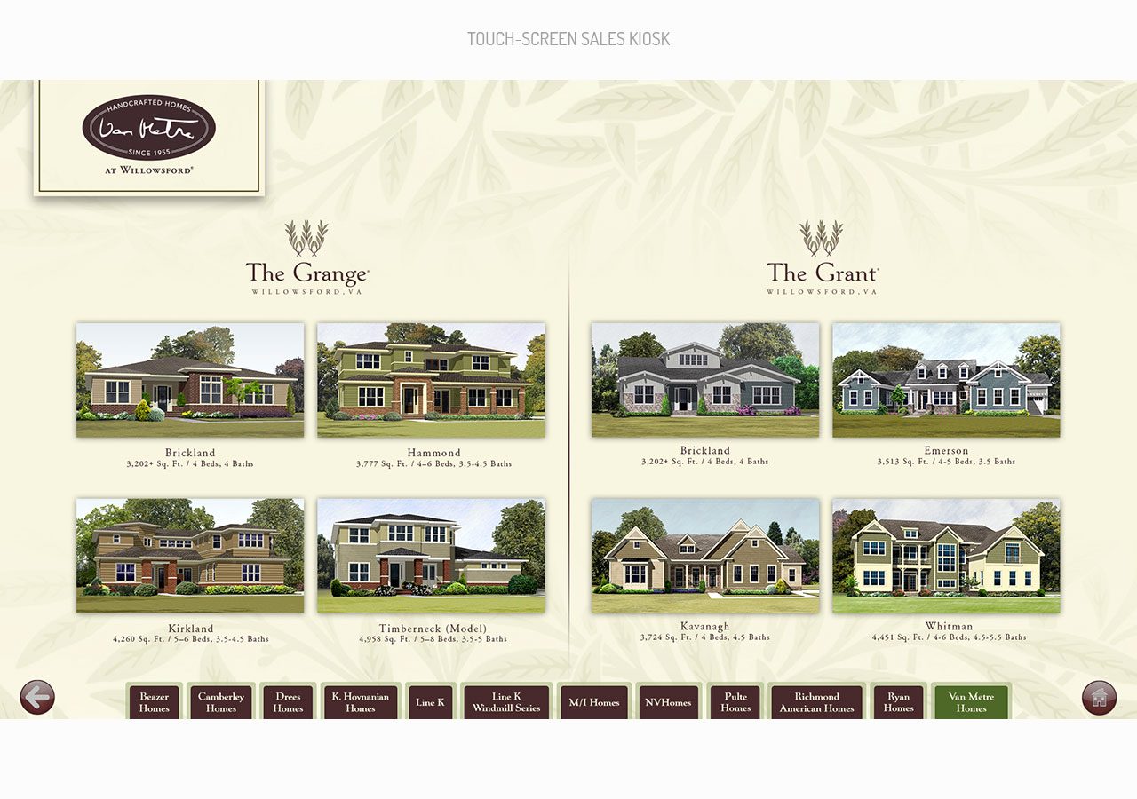 A brochure page showcasing eight different two-story home designs with exterior images, names, and features for The Grove community.
