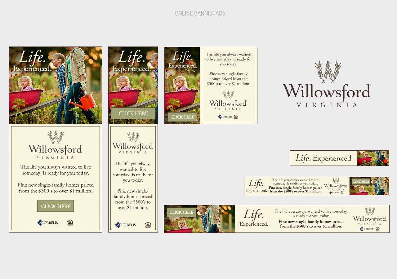 A collection of elegant promotional materials for Willowbend, featuring serene garden images and classic typography.